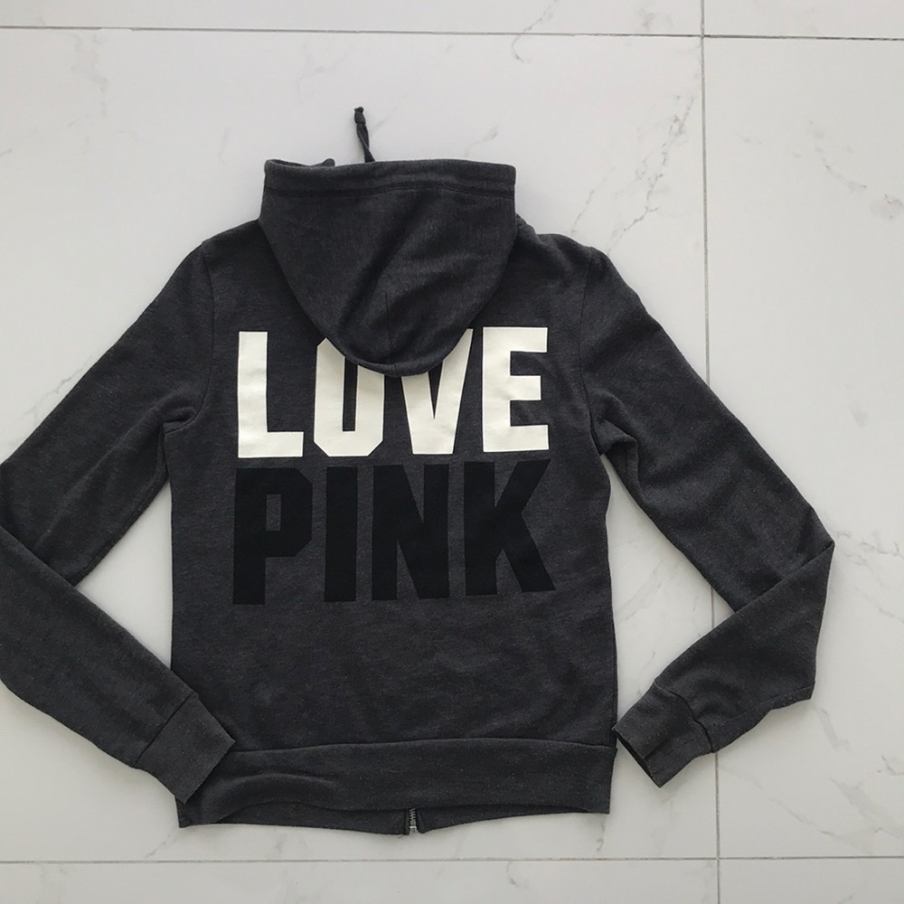 Pink love gray hood hoodie hoody sweats zip XS
